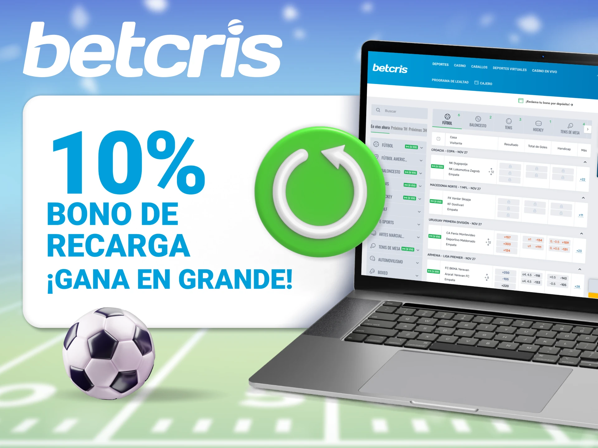 Los entusiastas activos del fútbol pueden obtener bonos de recarga semanales de Betcris.