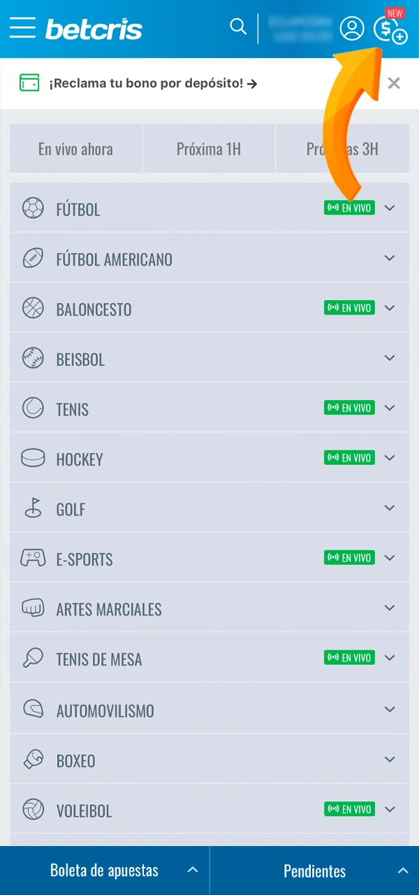 Haga clic en el signo del monedero en su cuenta Betcris.