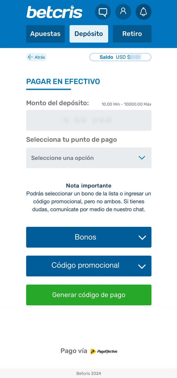 Introduzca los datos y el importe en el formulario de pago de Betcris.