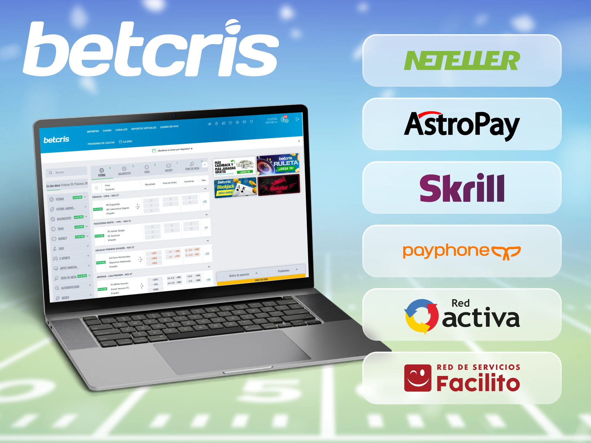 Betcris trabaja con los sistemas de pago más populares en Ecuador.