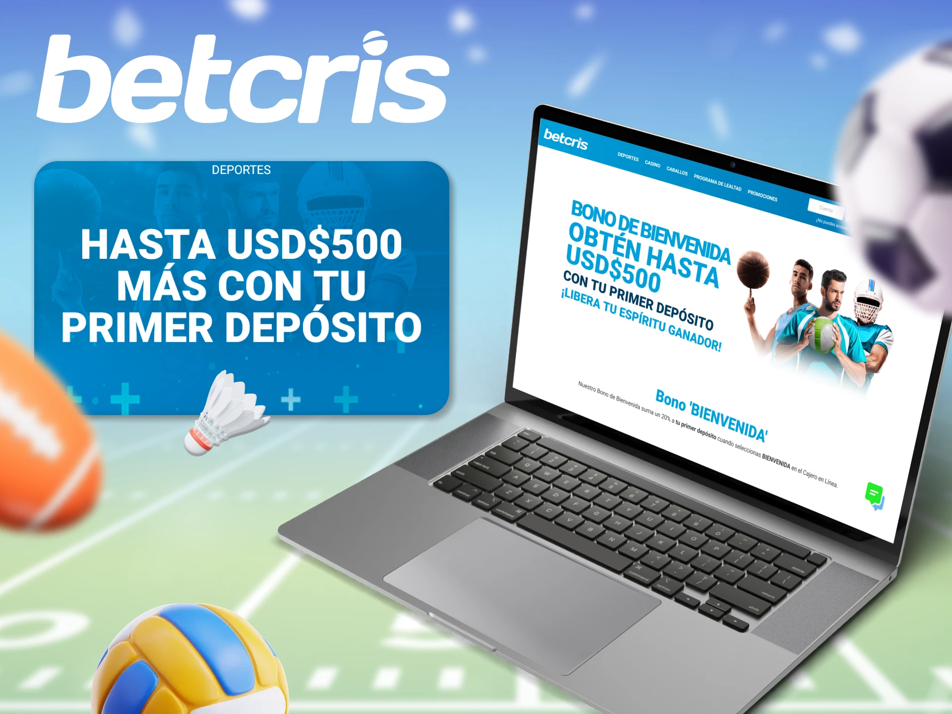 El bono deportivo de bienvenida de Betcris suma hasta 500 USD para su depósito inicial.