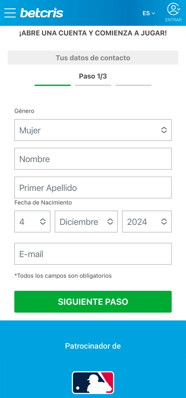 Haga clic en el botón para registrarse en Betcris.