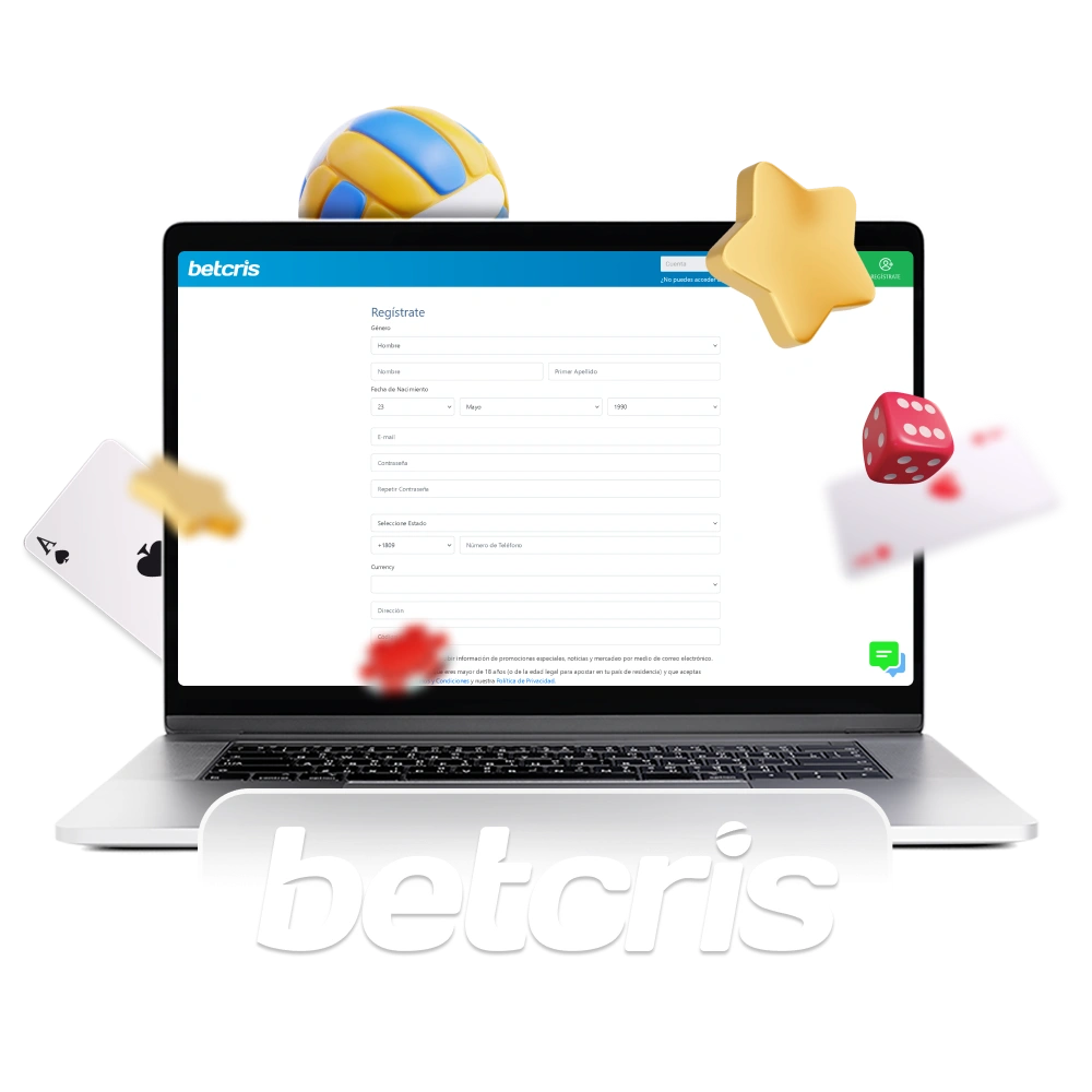 Cree una cuenta Betcris para acceder a todas las funciones de la plataforma de juego.