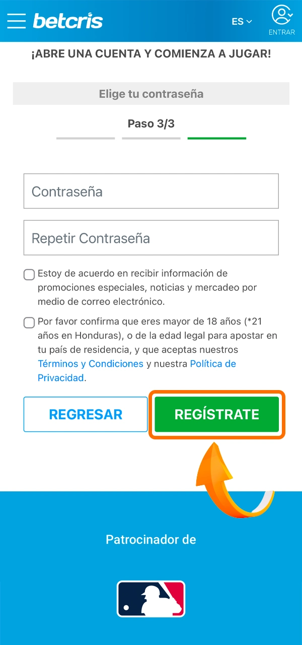 Haga clic en el botón para completar su registro en Betcris.