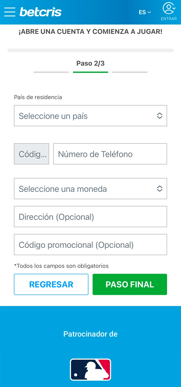 Introduzca sus datos personales al registrarse Betcris.